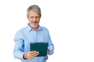 Middle aged man using digital tablet, engaging with technology, having transparent background