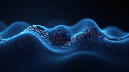 Blue particle waves flowing smoothly with glowing dots forming textured surface in dark bokeh backdrop creating an abstract digital landscape