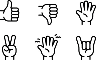 Fototapeta premium Set of six minimalist line art hand gestures icons for approval disapproval communication and rock music vector