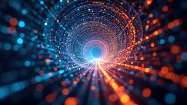 Particle tunnel spiraling toward bright cyan core with blue orange light streaks forming concentric rings in dark bokeh void creating an abstract digital scene
