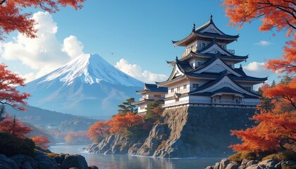 Obraz premium Picturesque scene with Japanese castle and Fuji mountain on horizon. Fall foliage with vibrant red trees. Classic landmark of japan with tranquil blue sky. Calm water reflecting mount Fuji.