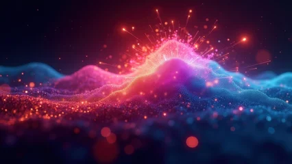 Keuken achterwand Bordeaux Particle mountain erupting with pink orange light bursts and glowing blue red terrain waves in dark starry bokeh sky creating an abstract energy landscape  © Mystery