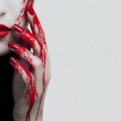 Bloody woman's hand with red nails.