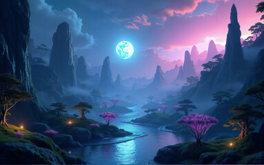 Sci-Fi Landscape Under Blue Moonlight
