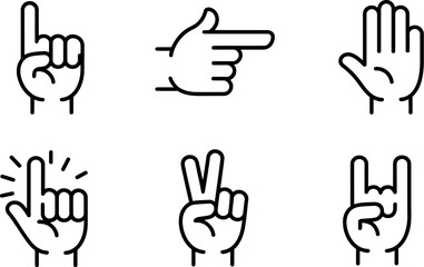 Obraz premium Collection of six simple hand gestures icons pointing indicating and number one sign vector