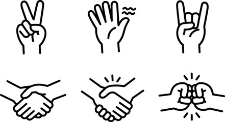 Fototapeta premium Set of six minimalist line art icons representing hand gestures and connections vector