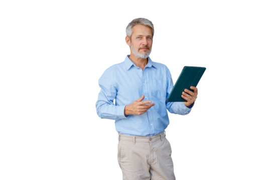 Confident mature businessman holding tablet and gesturing, presenting information, transparent background