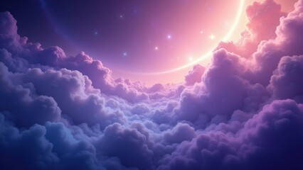 Ethereal clouds parting tocairns reveal glowing cosmic horizon with twinkling stars in dreamlike sky, concept of meditation apps, fantasy publishing, spiritual wellness