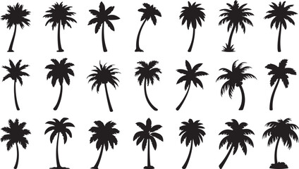 A collection of various stylized palm tree silhouettes in a tropical island setting
