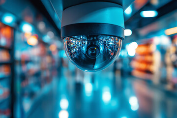 A security camera in a grocery store, capturing shoppers.