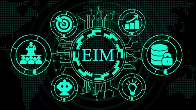 EIM Digital Network With Icons And World Map Background. Business, Technology ,Internet and network concept.