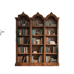 3d icon of elegant wooden bookcase with books isolated on transparent background, studio shot