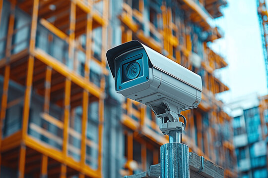 Security camera monitoring construction site with modern buildings in background.	