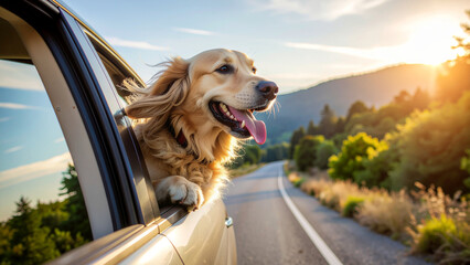 Happy Golden Retriever Enjoying a Sunny Road Trip with Head Out Window