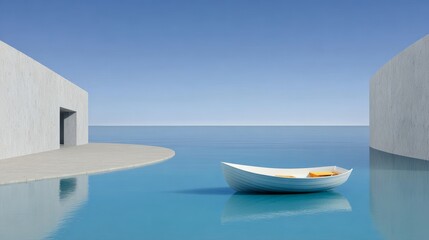 White boat is floating in a blue body of water. The boat is small and he is a rowboat. The water is calm and the sky is clear, creating a peaceful and serene atmosphere