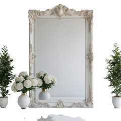 3d icon of elegant white mirror surrounded by flowers and trees isolated on transparent background