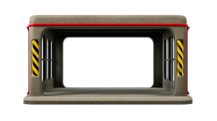 Modern concrete structure with warning stripes and red trim