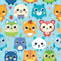 Fototapeta premium Cute Cartoon Animals Seamless Pattern on Blue Background for Kids Design Projects