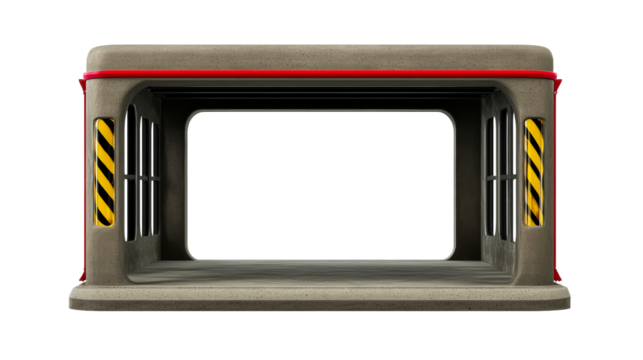 Modern concrete structure with warning stripes and red trim