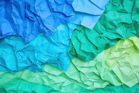 Crumpled blue aqua and green tissue paper arranged in layers creating abstract texture
