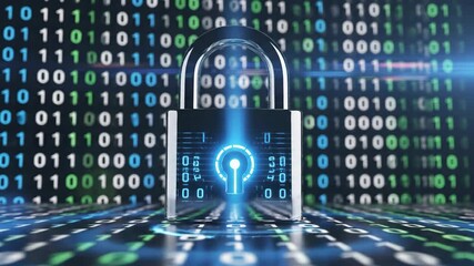 Key lock symbol with glowing digital circuit and binary code background. Data encryption cyber security concept. - Powered by Adobe