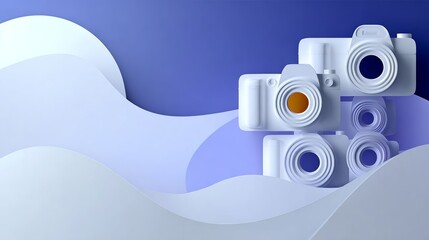 Blue and white background with a group of white cameras on it. The idea of the image is to showcase the beauty of photography and the different types of cameras available