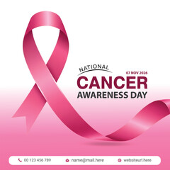 National cancer awareness day with pink ribbon and text on a white and pink background