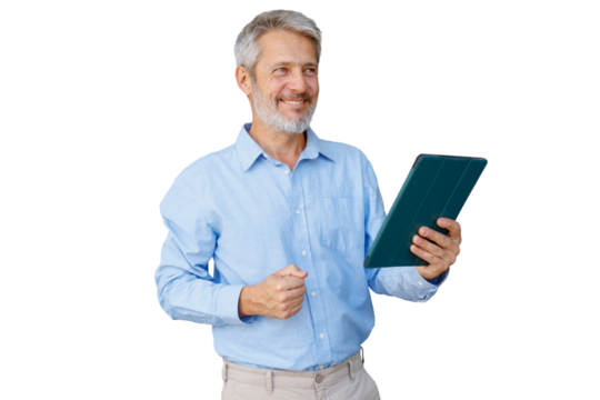 Mature smiling businessman holding a digital tablet, looking away with a thoughtful expression, transparent background