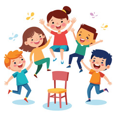 Group of cheerful kids playing musical chairs game cartoon illustration having fun
