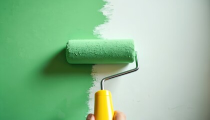 Obraz premium Person holds paint roller, applies vibrant green color to white wall surface. Home owner renovation, apartment interior decor change. Diy project freshens up room space. New shade adds modern style,