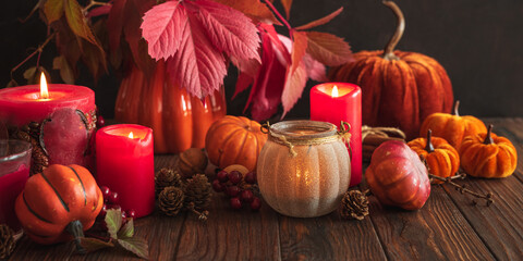 Autumn Still Life with Pumpkins, Candles and Seasonal Decorations