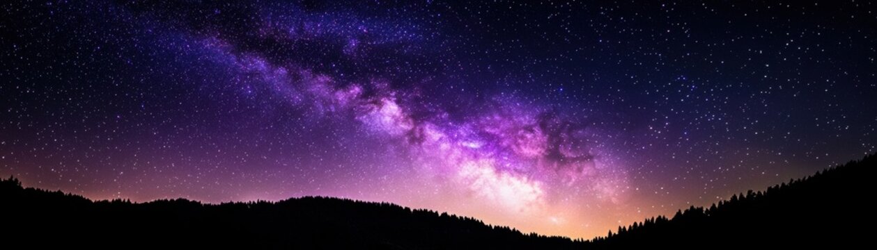 Vibrant Milky Way galaxy displays purple and pink hues above silhouetted forest landscape at night