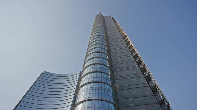 Low-Angle View of UniCredit Tower in Milan &ndash; Modern Skyscraper Architecture, filmed on September 15, 2025.
