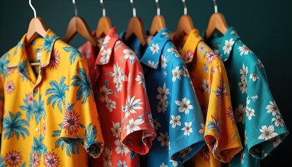 Vibrant Hawaiian shirts hang in row on hangers. Shirt features bright floral palm leaf pattern. Colorful clothes perfect for summer travel, vacation, beach party wear. Fun apparel.