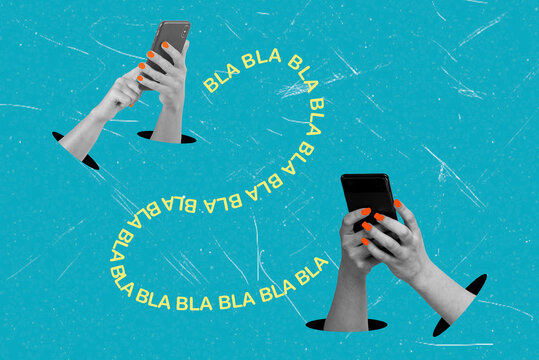 Engaging in digital conversations with animated text on a vibrant blue background showcasing hands with smartphones