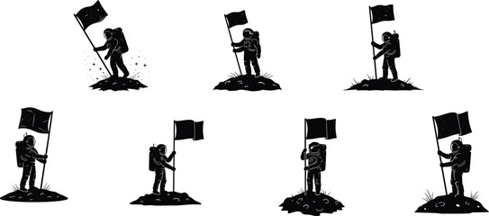 Astronaut silhouettes with flags, space exploration illustration, moon landing artwork, cosmic discovery design, futuristic science vector, planetary achievement artwork, flat vector