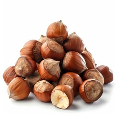 Obraz premium Many whole hazelnuts forming a mound, with one nut open showing the kernel, isolated on white