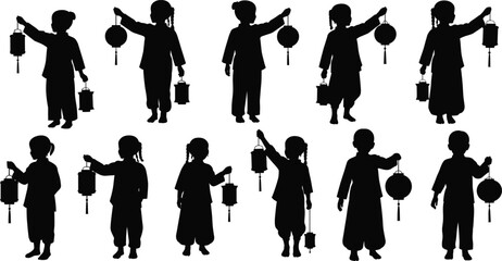 Children with lanterns silhouettes, cultural festival celebration, traditional holiday artwork, lantern parade illustration, festive night design, cultural attire artwork, flat vector