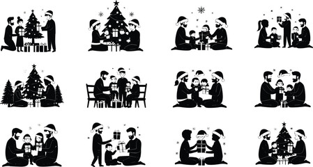 Christmas celebration silhouettes, families with Santa hats, exchanging gifts, decorating trees, festive holiday gathering, joyful winter party, flat vector illustration artwork