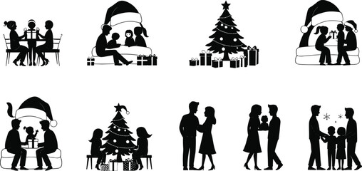 Christmas family silhouettes, festive holiday celebration, children with Santa hats, gift exchange, decorating tree, joyful winter gathering, flat vector artwork