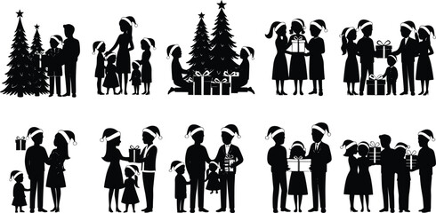 Christmas family celebration silhouettes, children with Santa hats, exchanging gifts, decorating tree, festive holiday gathering, joyful winter party, flat vector illustration