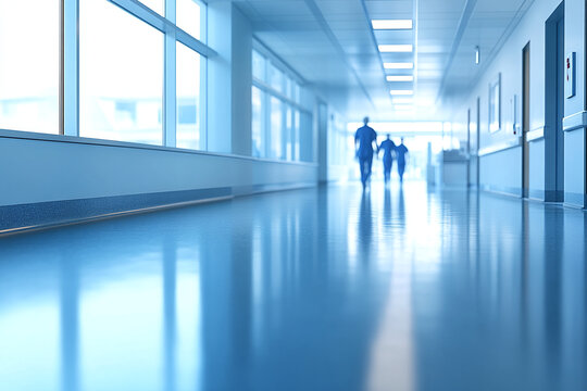 Blurred of background. interior of a modern hospital with an empty long corridor, there are treatment rooms and waiting room for patients and families between the corridor 