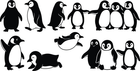 Flat vector cartoon penguin silhouettes, cute animal poses, walking, swimming, lying down, standing, playful birds, wildlife illustration, arctic, antarctic, nature