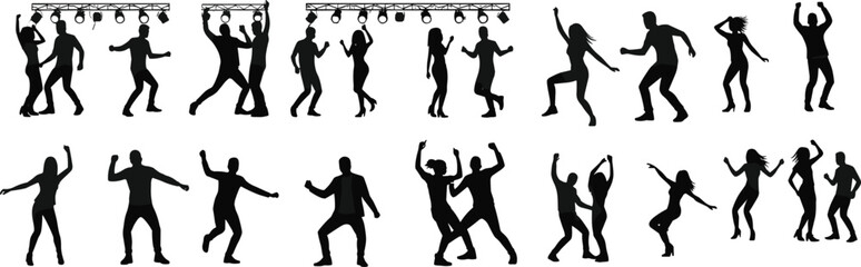 Flat vector dance silhouettes, people dancing illustration, party celebration artwork, concert stage design, music festival concept, nightlife entertainment graphic art