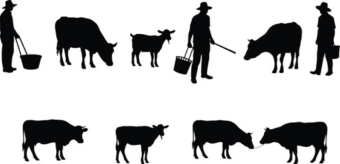 Flat vector farming silhouettes, people with cows illustration, rural agriculture artwork, livestock care design, village life concept, farmer cattle graphic