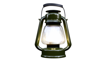 Green kerosene lantern with lit wick and clear glass