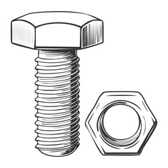 Hand Drawn Hex Head Bolt and Nut Outline Vector Sketch Illustration for Technical Manual or Tool Design