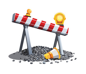 A-Frame Construction Barrier Over Safety Cones and Gravel Pile Vector Cartoon Illustration for Road Repair Symbol