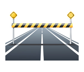 Black and Yellow Striped Barrier Blocking a Bright Empty Highway Vector Illustration for Road Closed or Work Zone Aheadbarrier, black, yellow, striped, blocking, bright, empty, highway, road, closed, 