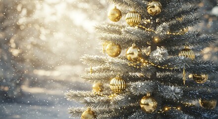 Decorated christmas tree with golden ornaments and sparkling lights